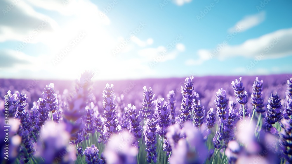 Obraz premium Lavender fields blooming under bright sunlight nature landscape summer serenity