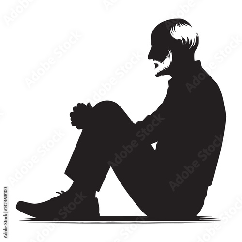 Silent Watcher Sitting Oldman silhouette, observing the world in peace – Oldman illustration – Minimalist Sitting Oldman vector – Observant elder
