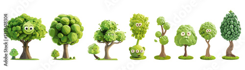 Cute happy green trees set, isolated on white background, vector cartoon elements, nature design, forest icons, eco-friendly illustration, tree icons, greenery, outdoor vector