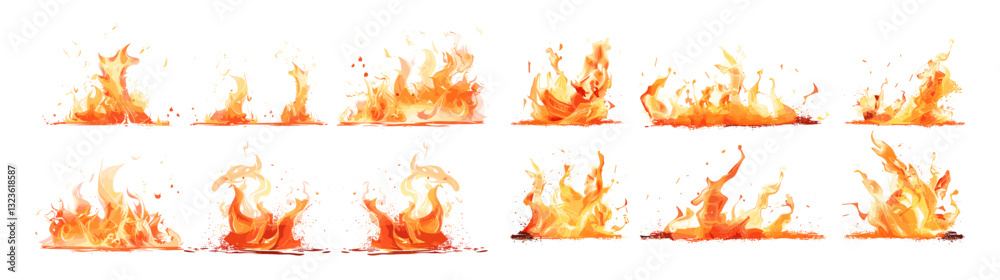 Set of fire flames elements, vector illustration on white and transparent background, blazing fire effect, hot flame graphics, realistic burning flames, heat explosion, wildfire