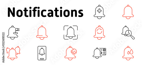 Notifications set icon. Alert, bell, time management, updates, system messages, verification, reminders, sound, security alerts, notification system, communication