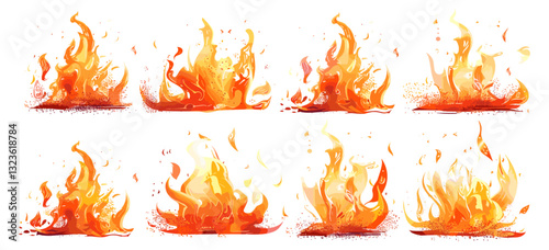 Vector set of fire flames design elements, isolated on white and transparent background, realistic fire effect, burning flames, fiery graphics, hot flame clipart, blazing heat illustration