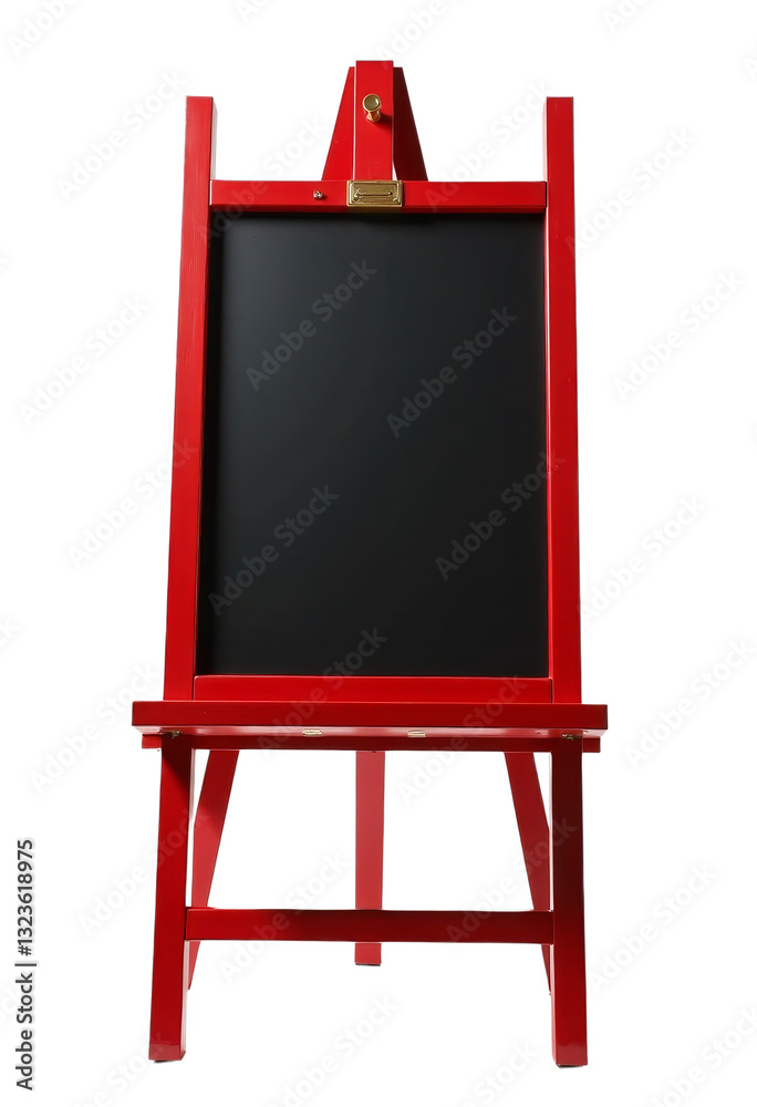 Red Wooden Easel with Black Board and Transparent Background