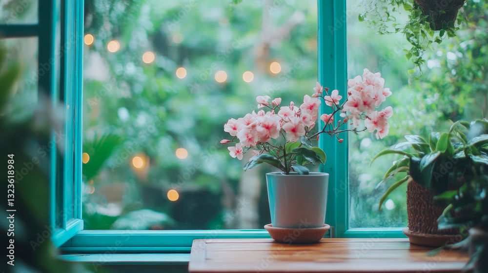Fototapeta premium Indoor Oasis: Serene Pink Blossom Arrangement by the Window, creating a tranquil and inviting atmosphere