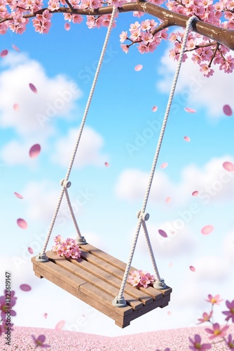 Wooden swing hanging from cherry blossom tree branch, with pink flowers and petals. Perfect for spring themes, children’s stories, peaceful garden designs, and relaxation scenes.