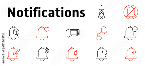 Notifications set icon. Mute, priority, personalized alerts, social interactions, system messages, blocked notifications, delivery updates, status tracking, sound control