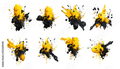 Vector set of colorful powder explosion, yellow ink splashes, paint splash elements, isolated on white and transparent background, creative burst, pigment cloud, watercolor ink