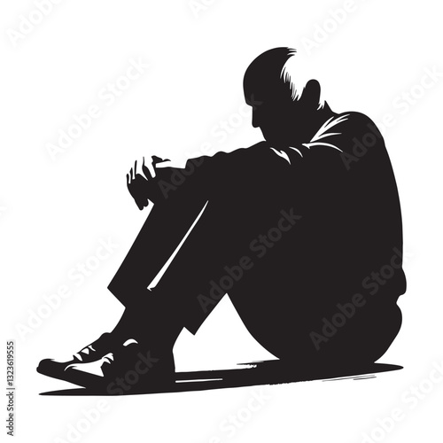 Tired Sitting Oldman silhouette, resting after years of experience – Oldman illustration – Minimalist Sitting Oldman vector – Veteran elder

