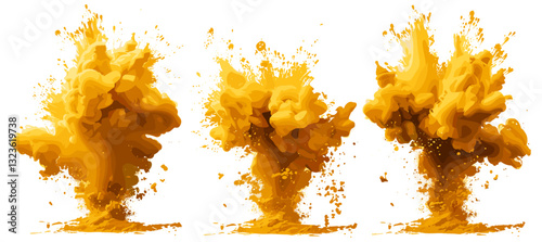 Colorful powder explosion vector set, yellow ink splashes, paint splash elements for design, isolated on white and transparent background, abstract color burst, cloud effect