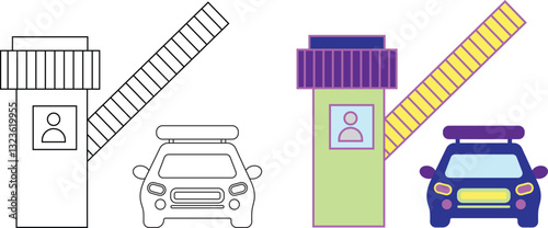 Car security barrier gate vector icon. car checkpoint. Entry through the checkpoint with booth and barrier. Car back view. Vector flat illustration
