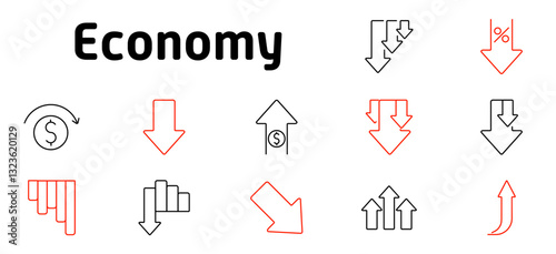 Economy set icon. Financial growth, market trends, currency fluctuation, profit increase, revenue decline, investment strategies, economic balance, stock market analysis