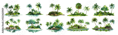 Tropical island vector set with watercolor hand drawn green trees, isolated on white background, nature elements, palm trees, summer beach, ocean view, paradise scenery