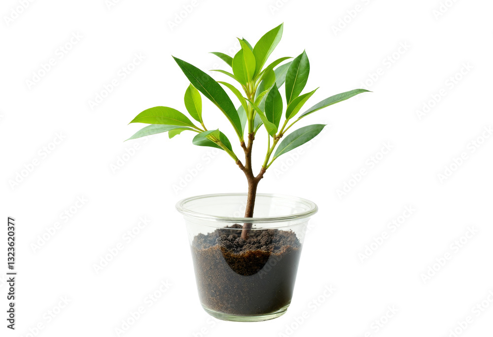 Sapling with Green Leaves in Clear Glass with transparent background Sapling with Green Leaves in Clear Glass with transparent background