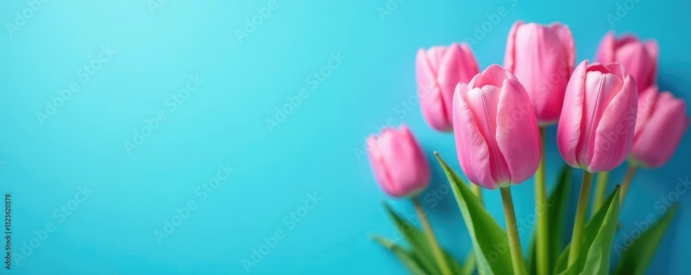 Fototapeta premium Pink tulip petals against a bright blue background, colors, landscape, flowers