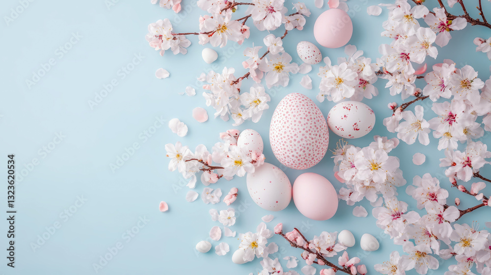 Concept: Blossoming spring. Holiday: Easter. Purpose: Card, Poster. Elegant easter floral arrangement with eggs and spring flowers on pastel cyan Concept: Blossoming spring. Holiday: Easter. Purpose: Card, Poster. Elegant easter floral arrangement with eggs and spring flowers on pastel cyan