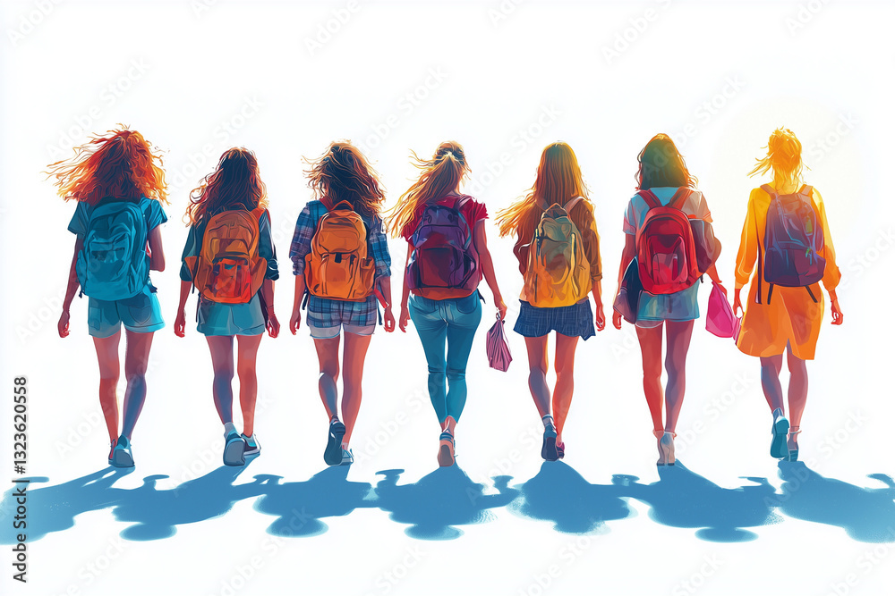 Fototapeta premium A group of girls walking down the street in a backlight scence
