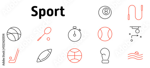 Sport set icon. Athletics, competition, game strategy, sports equipment, time tracking, scoring, performance analysis, training, recreational activities, teamwork
