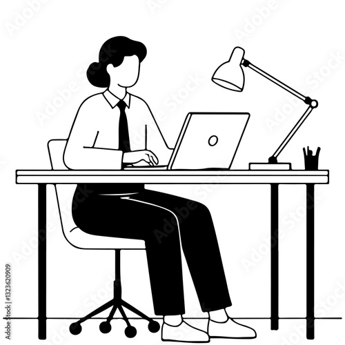 A person works at a desk. The vectorized illustration shows someone using a laptop, with a lamp, chair, and writing utensils nearby.