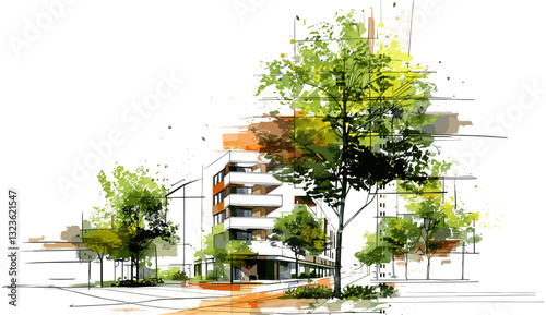 Architectural drawing of building with tree in park, watercolor elements, isolated white background, park design, structure art, urban landscape, creative sketch, watercolor style