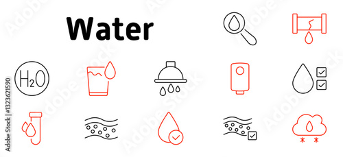 Water set icon. Hydration, water quality, filtration, plumbing system, shower usage, environmental impact, water supply, drinking safety, fluid control, water conservation