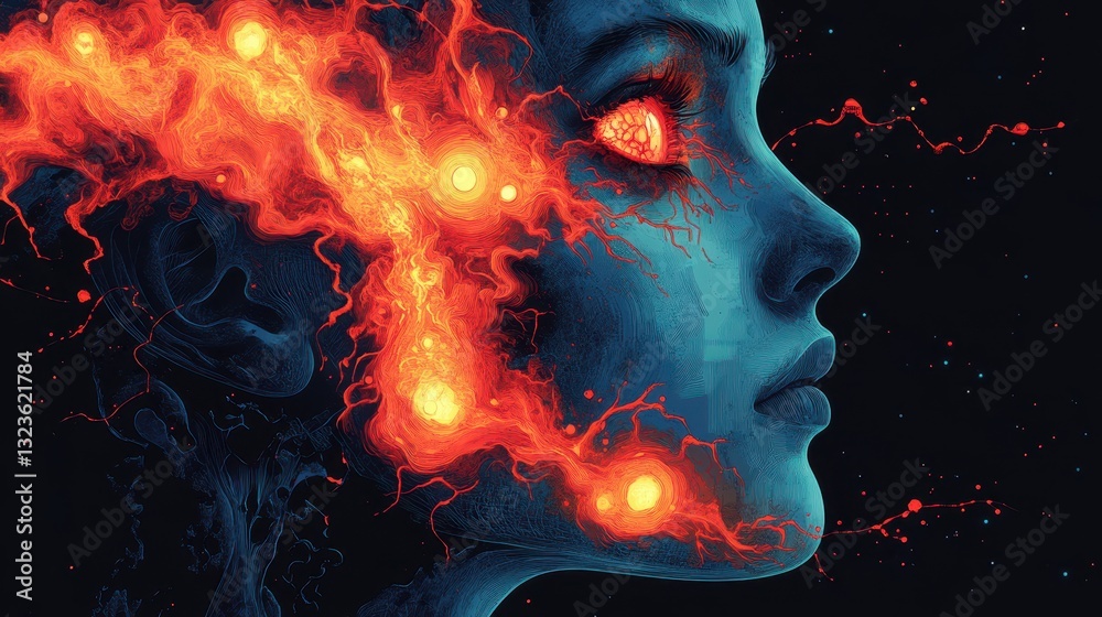 Futuristic Digital Artwork of a Woman's Profile Amidst Vibrant Neural Patterns with Glowing Orange and Red Elements Depicting Synaptic Activity Futuristic Digital Artwork of a Woman's Profile Amidst Vibrant Neural Patterns with Glowing Orange and Red Elements Depicting Synaptic Activity