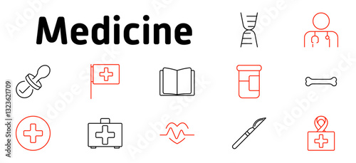 Medicine set icon. Medical research, doctor, genetics, pharmaceuticals, first aid, surgery, patient care, heart monitoring, healthcare education, medical supplies