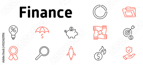 Finance set icon. Business strategy, economic stability, savings, financial planning, insurance, banking, investments, corporate growth, risk management, financial security