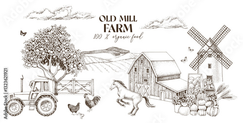 Countryside farm hand drawn illustration
