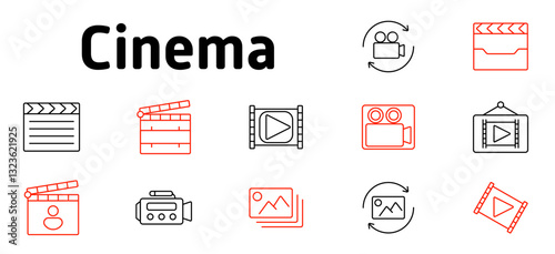 Cinema set icon. Film production, media industry, photography, movie editing, digital content, entertainment, storytelling, directing, professional recording, visual effects