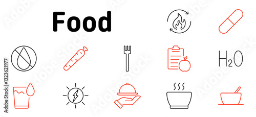 Food set icon. Nutrition, meal planning, hydration, dietary balance, energy consumption, cooking, restaurant service, food industry, culinary arts, healthy eating