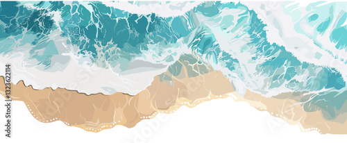Top view summer beach waves, sand, holiday vacation concept, isolated on white, transparent background, beach vacation, ocean view, coastal landscape, tropical seaside