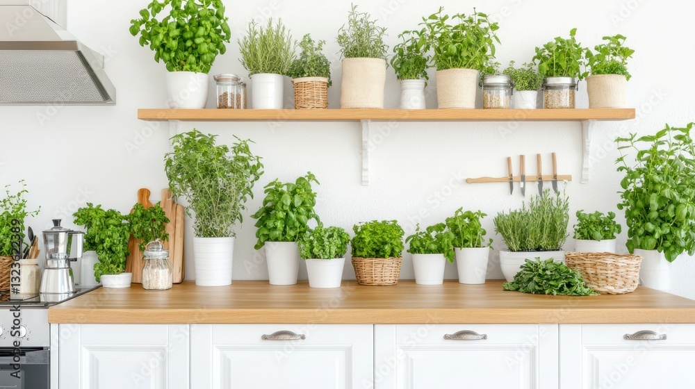 Potted Herb Garden: An array of potted herbs on kitchen shelf and countertop, creating a fresh and vibrant atmosphere Potted Herb Garden: An array of potted herbs on kitchen shelf and countertop, creating a fresh and vibrant atmosphere