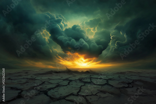 Surreal Apocalyptic Desert with Cracked Earth and Ominous Swirling Sky 