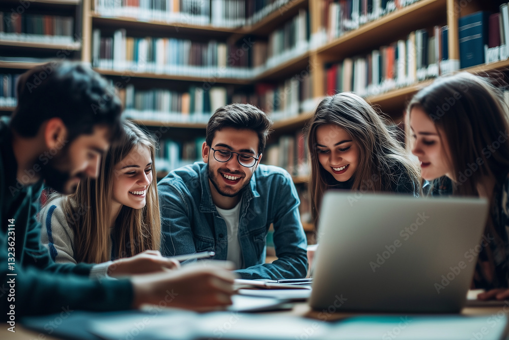 Students Collaborating in a Library with a Laptop Students Collaborating in a Library with a Laptop