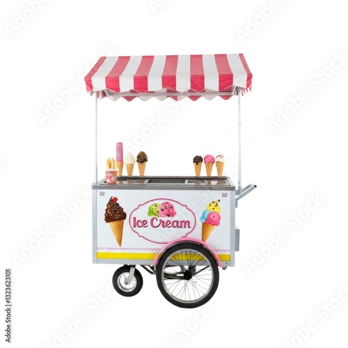 Ice cream cart displaying cones and ice cream under red and white awning