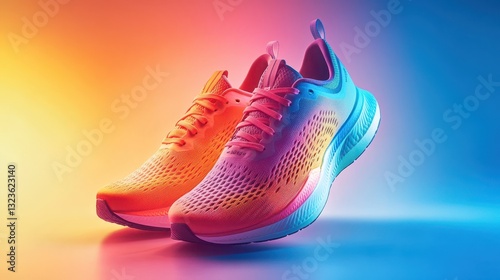 On a vibrant gradient background bathed in the warm glow of the setting sun, a pair of sleek, brightly colored running shoes with a modern design stands majestically, a symbol of athleticism and photo