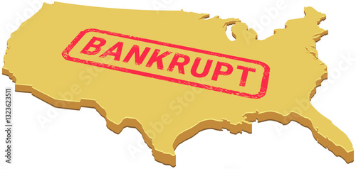 Yellow 3D map of the United States with a red "BANKRUPT" stamp ink mark on it (cut out)