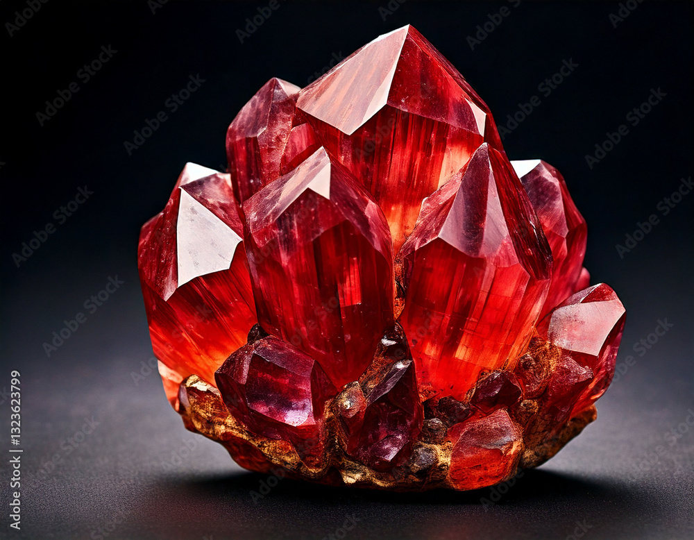 image shows a cluster of vibrant red crystals with sharp, well-defined edges, set against a dark background. image shows a cluster of vibrant red crystals with sharp, well-defined edges, set against a dark background.