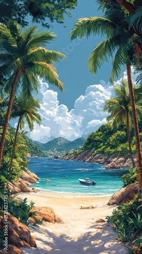 Idyllic tropical beach scene showcasing lush green palm trees, tranquil turquoise waters, sun-kissed sandy shore, and a boat set against a mountainous horizon