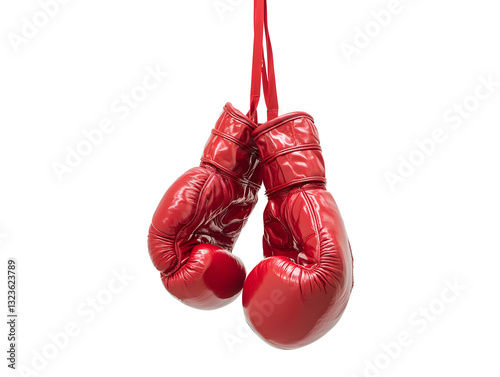pair of red boxing gloves hanging in mid air, showcasing their shiny texture and vibrant color. Perfect for sports enthusiasts and boxing fans