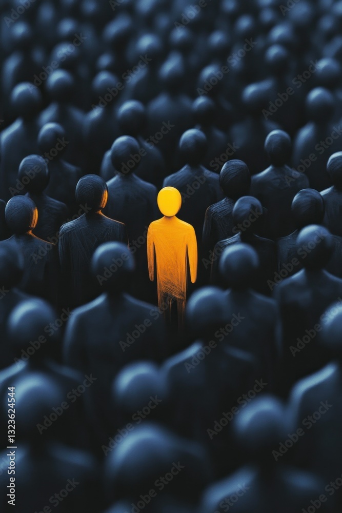 Fototapeta premium A lone figure in yellow stands out among dark silhouettes