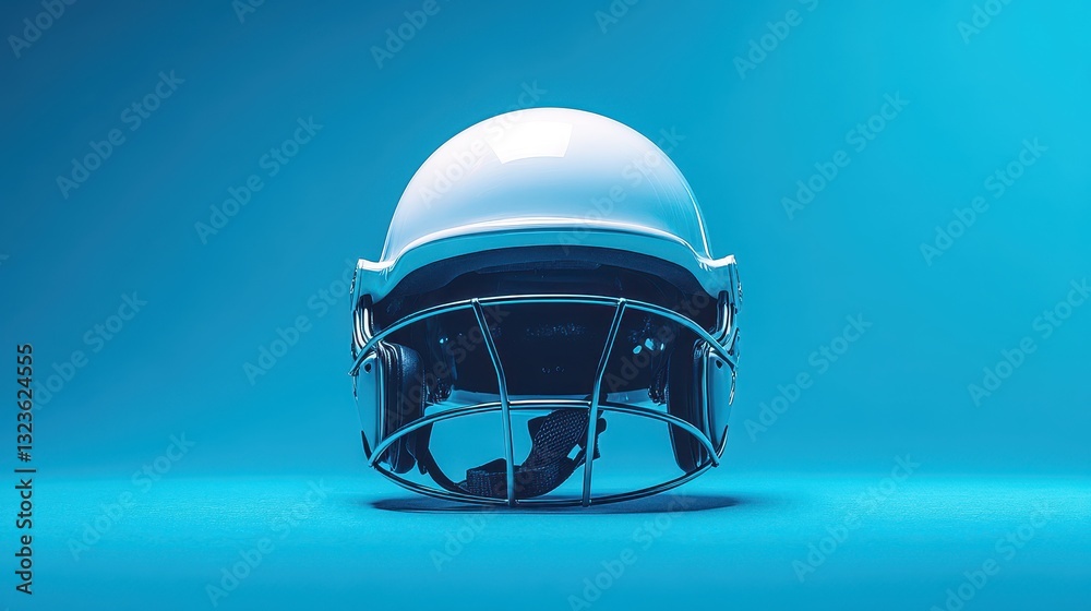 Fototapeta premium A pristine white cricket helmet, a symbol of protection and skill in the sport of cricket, rests proudly against a vibrant blue backdrop, surrounded by the sleek equipment that enhances the game s