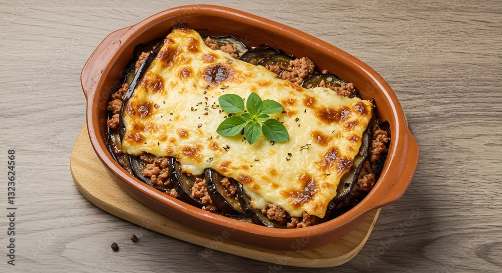 Serving Delicious Moussaka with Eggplant and Meat in an Oven Dish Serving Delicious Moussaka with Eggplant and Meat in an Oven Dish