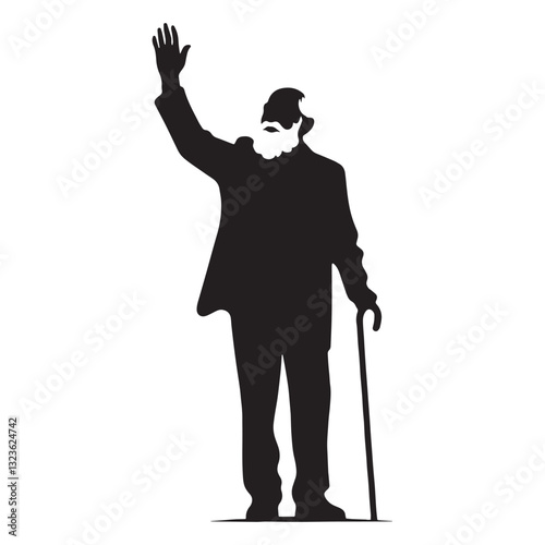 Elderly Greeter Waving Oldman silhouette, welcoming all with open arms - Oldman illustration - Minimalist Waving Oldman vector - Kindhearted presence
