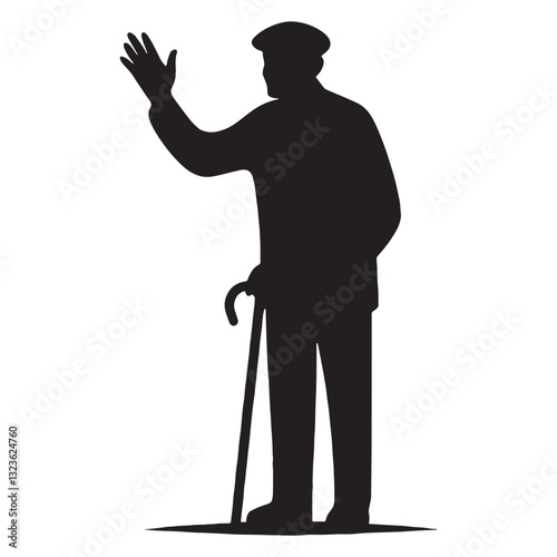 Seasoned Waving Oldman silhouette, embracing change with a smile - Oldman illustration - Minimalist Waving Oldman vector - Wise traveler
