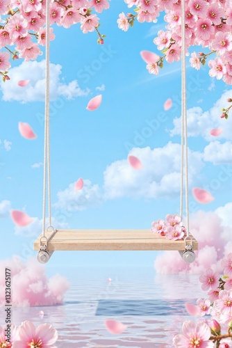 Wooden swing over water under cherry blossoms with blue sky and flying petals. Ideal for spring themes, relaxation visuals, serene landscape designs, and peaceful creative projects.