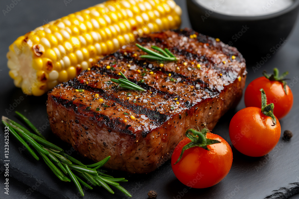 a photorealistic image of an elegant, perfectly grilled steak, a photorealistic image of an elegant, perfectly grilled steak,