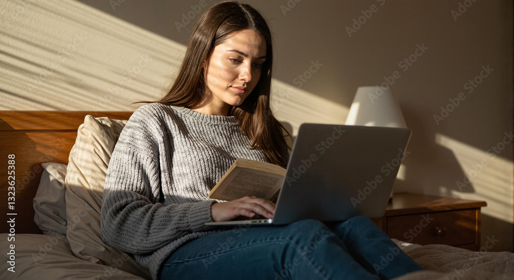 Young woman reading a book and using a laptop in a cozy room Young woman reading a book and using a laptop in a cozy room