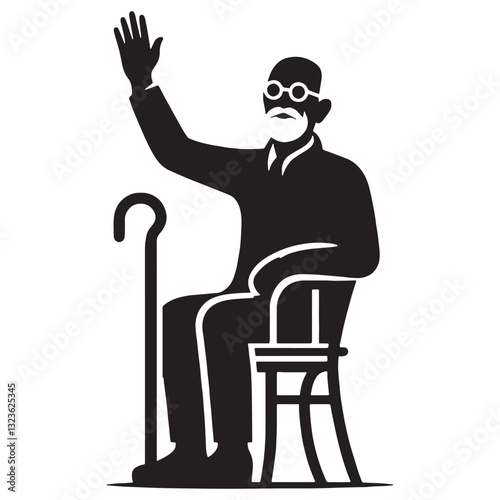 Charming Waving Oldman silhouette, full of grace and charisma - Oldman illustration - Minimalist Waving Oldman vector - Endearing presence
