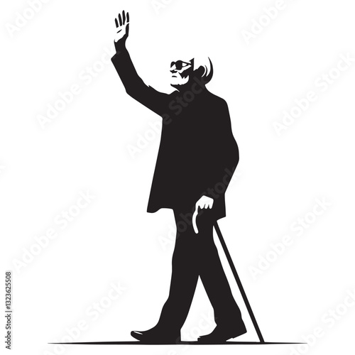 Modest Waving Oldman silhouette, greeting with humble kindness - Oldman illustration - Minimalist Waving Oldman vector - Simple presence
